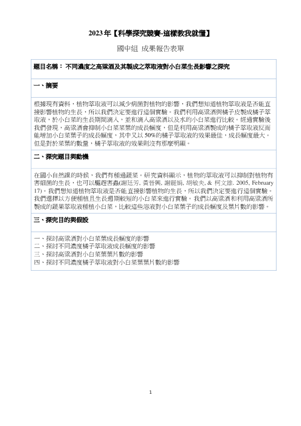 B0616_不同濃度之高粱酒及其製成之蔬果萃取液對小白菜生長影響之探究